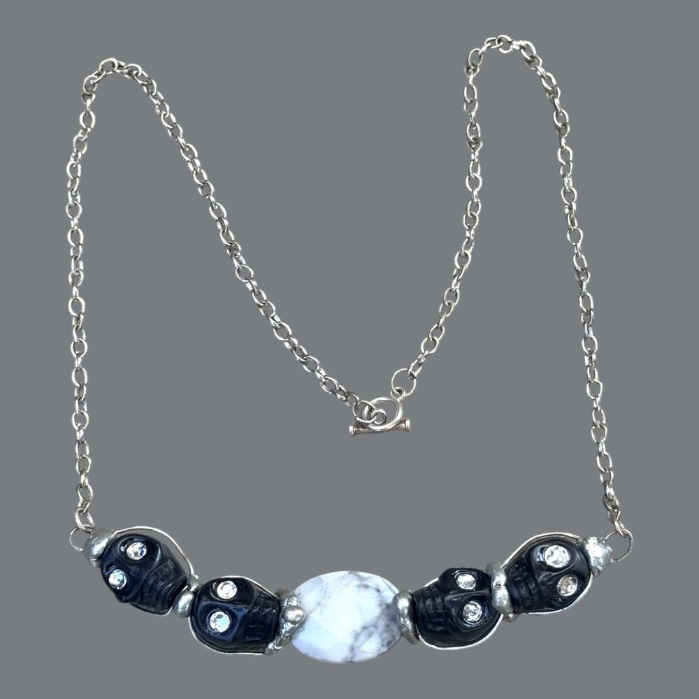 Artisan Necklace W/ Black Onyx Sugar Skulls, Swarovski Eyes & Marble Centerpiece